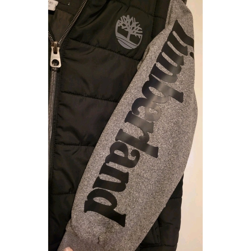 Timberland Boys Puffer Jacket Black Gray Hooded S (7/8) Full Zip Polyester - Picture 3 of 6